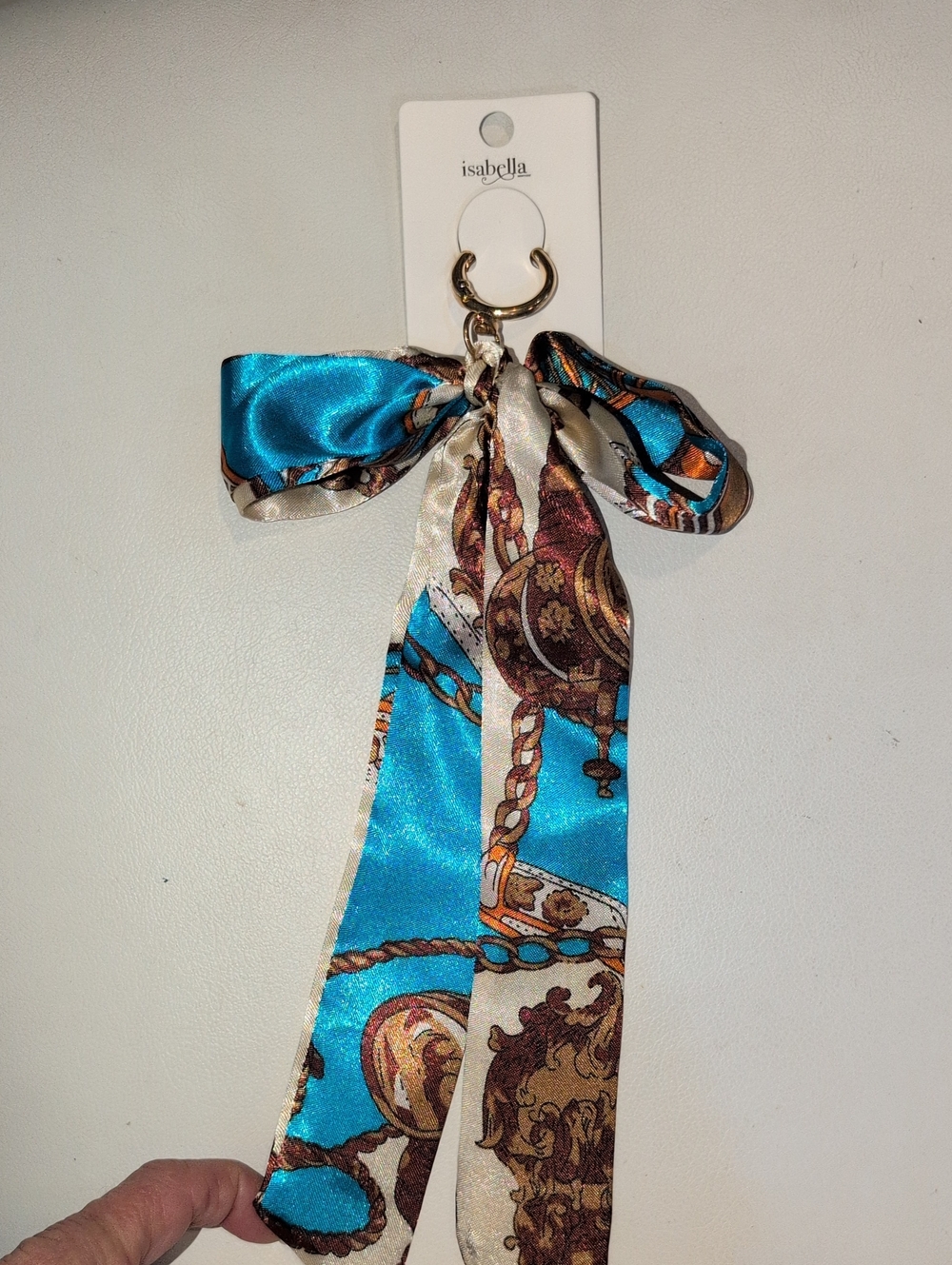 Isabella Turquoise & Cream Satin Twilly Keychsin Bag Charm with Gold Hardware